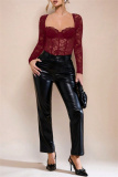 White Lace Detailing Patchwork See-Through Backless Square Neck Long Sleeve Spaghetti Strap Skinny Sheer Mesh Bodysuit