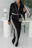 Blue Sportwear Stripe Print Casual Daily Long Sleeve Jackets And Wide Leg Sweatpants Two Pieces Jogger Sets