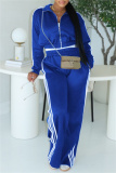 Blue Sportwear Stripe Print Casual Daily Long Sleeve Jackets And Wide Leg Sweatpants Two Pieces Jogger Sets