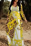 White Gold Casual Graphics Print Long Sleeve V Neck Floor Length Loose Vacation Baggy Loose Maxi Dress