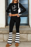 Navy Blue Letter Print Long Sleeve Crop Sweatshirt and Drawstring Striped Pants Sportwear Casual Two Pieces Sweatpant Set