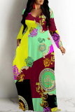 White Gold Casual Graphics Print Long Sleeve V Neck Floor Length Loose Vacation Baggy Loose Maxi Dress