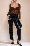 White Lace Detailing Patchwork See-Through Backless Square Neck Long Sleeve Spaghetti Strap Skinny Sheer Mesh Bodysuit