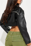 Black Casual Letter Print Zipper Collar Long Sleeve PU Leather Crop Jacket