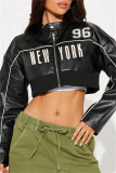 Black Casual Letter Print Zipper Collar Long Sleeve PU Leather Crop Jacket