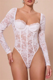 White Lace Detailing Patchwork See-Through Backless Square Neck Long Sleeve Spaghetti Strap Skinny Sheer Mesh Bodysuit