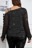 Black Casual Sequins Oblique Collar Long Sleeve Plus Size Glitter Blouse