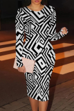 Black White Graphic Print O Neck Long Sleeve Casual Outing Bodycon Pencil Midi Dress