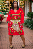 Red Khaki Casual Christmas Deer Santa Claus Print Deep V Neck Long Sleeve Plus Size Straight Loose Midi Dresses with Pocket