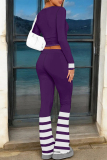 Navy Blue Letter Print Long Sleeve Crop Sweatshirt and Drawstring Striped Pants Sportwear Casual Two Pieces Sweatpant Set