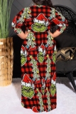 Red Christmas Crinch Print V Neck Half Sleeve Lace Up Slit Floor Length Belted Long Vacation Plus Size A Line Maxi Dress