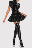 Red Shiny Short Sleeve Zipper Cocktail Night Club Lingerie(No Socks)