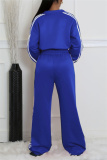 Blue Sportwear Stripe Print Casual Daily Long Sleeve Jackets And Wide Leg Sweatpants Two Pieces Jogger Sets