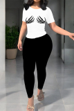 Pink Casual Skull Finger Print O Neck Short Sleeve T-shirt And Skinny Pants Sportwear Two Pieces Jogger Sets