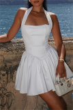 White Casual Vacation Backless Sleeveless Vacation Halter A Line Pleated Mini Dresses