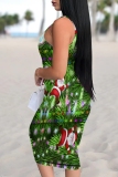 Beige Christmas Santa Claus Dress Sleeveless U Neck Knee Length Casual Outing Bodycon Vest Midi Dress