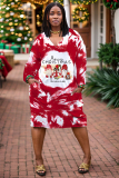 Red Khaki Casual Christmas Deer Santa Claus Print Deep V Neck Long Sleeve Plus Size Straight Loose Midi Dresses with Pocket