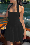 White Casual Vacation Backless Sleeveless Vacation Halter A Line Pleated Mini Dresses