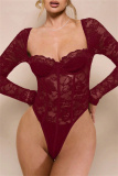 White Lace Detailing Patchwork See-Through Backless Square Neck Long Sleeve Spaghetti Strap Skinny Sheer Mesh Bodysuit