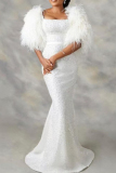 White Sequin Evening Party Gown Feathers Sleeve Zipper Square Neck Mermaid Hem Bodycon Glitter Prom Maxi Dress