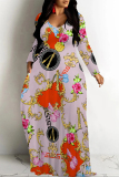 White Gold Casual Graphics Print Long Sleeve V Neck Floor Length Loose Vacation Baggy Loose Maxi Dress