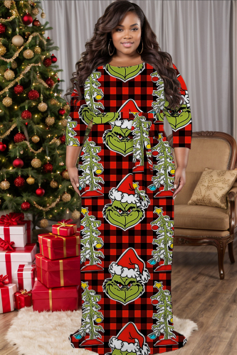 Red Christmas Crinch Print V Neck Half Sleeve Lace Up Slit Floor Length Belted Long Vacation Plus Size A Line Maxi Dress