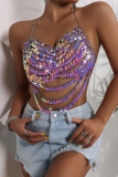 Purple Fringed Trim Chains Sleeveless Backless Shell Beads Halter Crop Tops