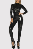 Black Long Sleeve Zipper PU Leather Shiny Lingerie