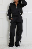 Blue Sportwear Stripe Print Casual Daily Long Sleeve Jackets And Wide Leg Sweatpants Two Pieces Jogger Sets