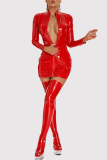 Red Patchwork Zipper Long Sleeve PU Leather Lingerie