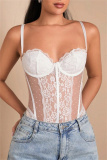 Black Lace Detailing Patchwork See-Through Backless Spaghetti Strap Skinny Sheer Mesh Bodysuit