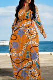 White Gold Casual Graphics Print Long Sleeve V Neck Floor Length Loose Vacation Baggy Loose Maxi Dress