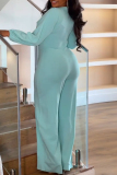 Light Blue Formal Office Casual V Neck Long Sleeve Wide Leg Jumpsuits