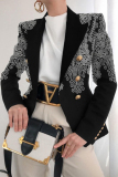Black White Casual Formal Office Polka Dot Chain Print Leopard Buttons Contrast Turn-back Collar Long Sleeve Blazer Jackets