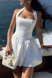 White Casual Vacation Backless Sleeveless Vacation Halter A Line Pleated Mini Dresses