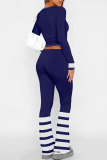 Navy Blue Letter Print Long Sleeve Crop Sweatshirt and Drawstring Striped Pants Sportwear Casual Two Pieces Sweatpant Set