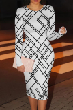 Black White Graphic Print O Neck Long Sleeve Casual Outing Bodycon Pencil Midi Dress