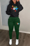 Khaki Graphcis Print Long Sleeve Hooded Sweatshirt And Drawstring Pants Sportwear Casual Two Pieces Sweatpant Set