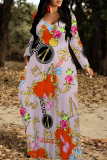 White Gold Casual Graphics Print Long Sleeve V Neck Floor Length Loose Vacation Baggy Loose Maxi Dress