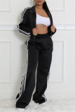 Blue Sportwear Stripe Print Casual Daily Long Sleeve Jackets And Wide Leg Sweatpants Two Pieces Jogger Sets