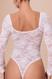 White Lace Detailing Patchwork See-Through Backless Square Neck Long Sleeve Spaghetti Strap Skinny Sheer Mesh Bodysuit
