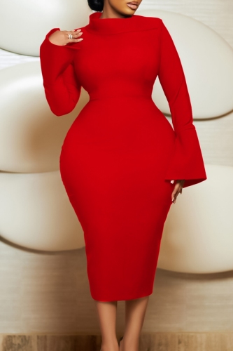 Red Formal Office Evening Party Prom Gown Half A Turtleneck Flare Sleeve Wrapped Skirt Bodycon Maxi Wedding Guest Dresses