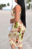 Beige Christmas Santa Claus Dress Sleeveless U Neck Knee Length Casual Outing Bodycon Vest Midi Dress