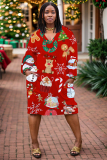 Red Khaki Casual Christmas Deer Santa Claus Print Deep V Neck Long Sleeve Plus Size Straight Loose Midi Dresses with Pocket