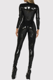Black Long Sleeve Zipper PU Leather Shiny Lingerie