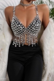 Silver Club Rhinestones Sleeveless Backless Fringed Trim Chains Halter Crop Tops