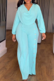 Light Blue Formal Office Casual V Neck Long Sleeve Wide Leg Jumpsuits