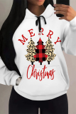 White Casual Christmas Tree Letter Print Bow Draw String Pocket Fall Winter Hooded Sweatshirt