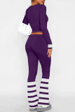 Navy Blue Letter Print Long Sleeve Crop Sweatshirt and Drawstring Striped Pants Sportwear Casual Two Pieces Sweatpant Set