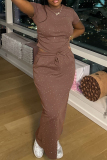 Khaki Casual Outing Hot Drill O Neck Short Sleeve Draw String Crop Tops And Maxi Skirt Two Pieces Dress Sets